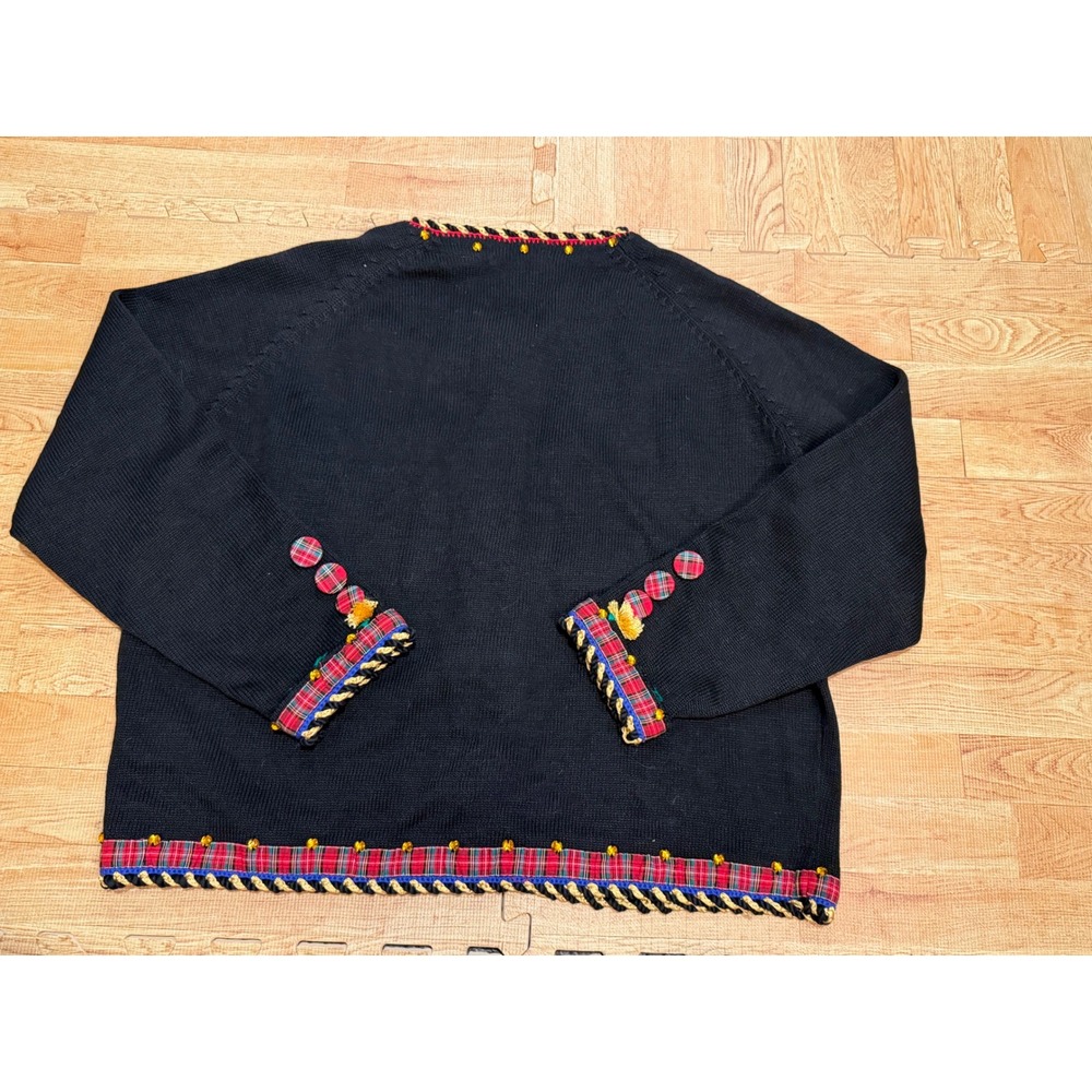 Michael Simon Vintage Nutcracker Christmas Cardigan Sweater Black Plaid Large - Picture 2 of 7